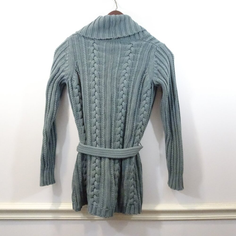Eddie Bauer Cotton Cable Knit Belted Cardigan Sweater XS Petite Gray Green Vtg - Picture 5 of 6